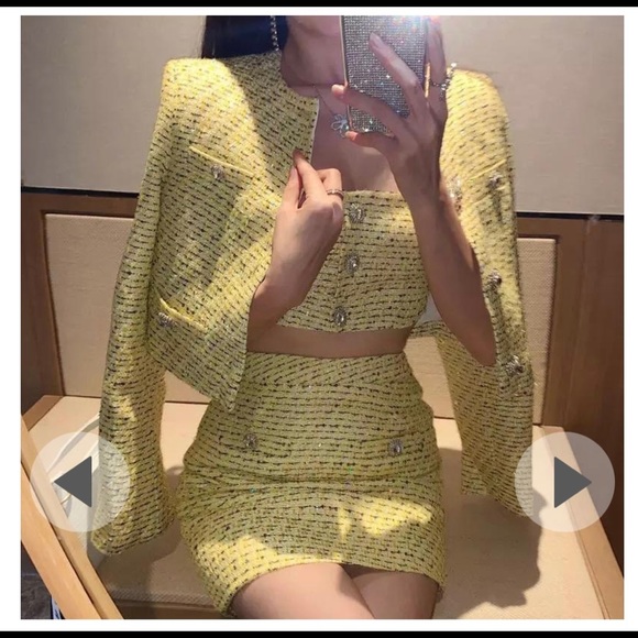 Dresses & Skirts - Yellow Tweed Crop Top Jacket + Skirt Set